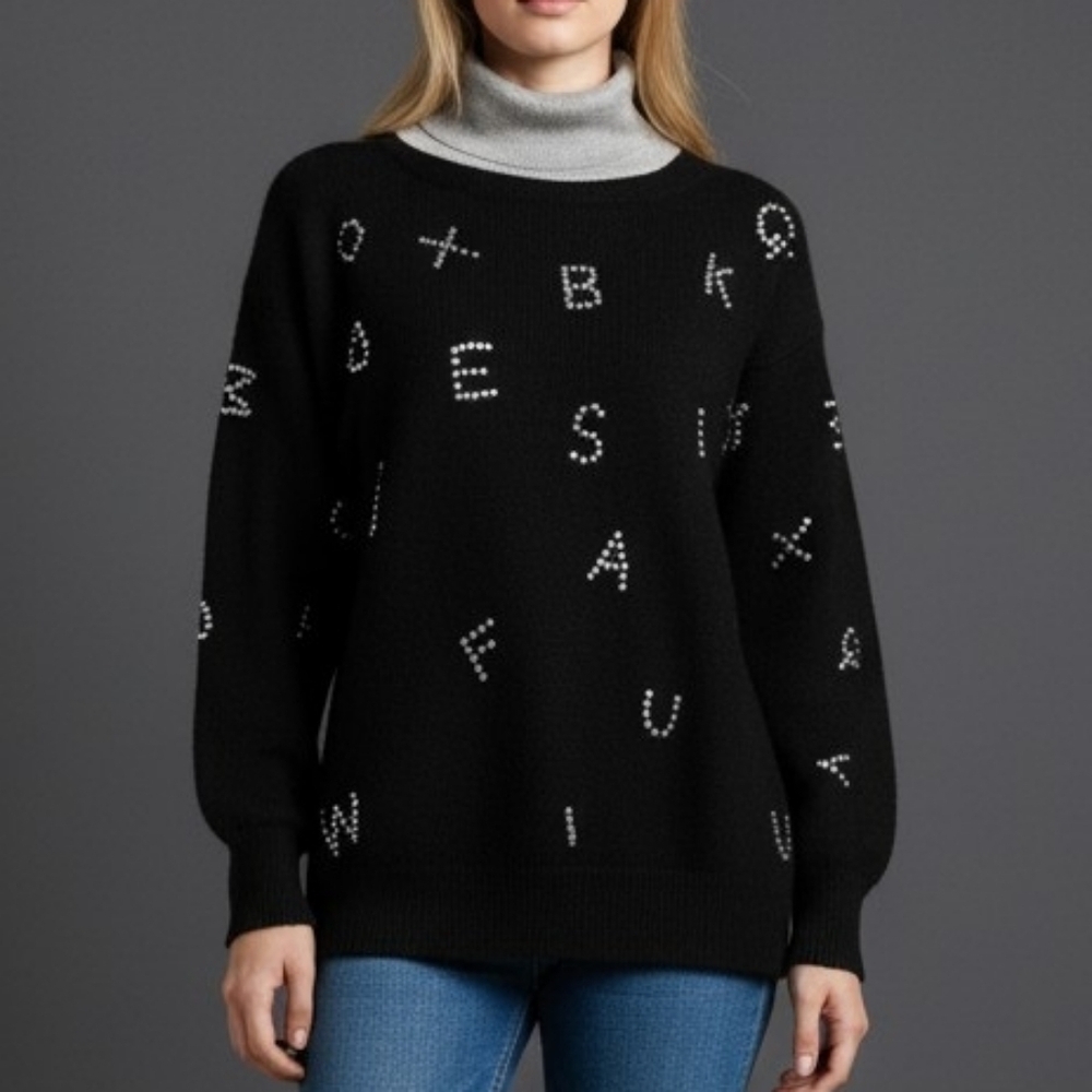VTG BONNIE BOERER Black Silver Metallic Alphabet Turtleneck Sweater
